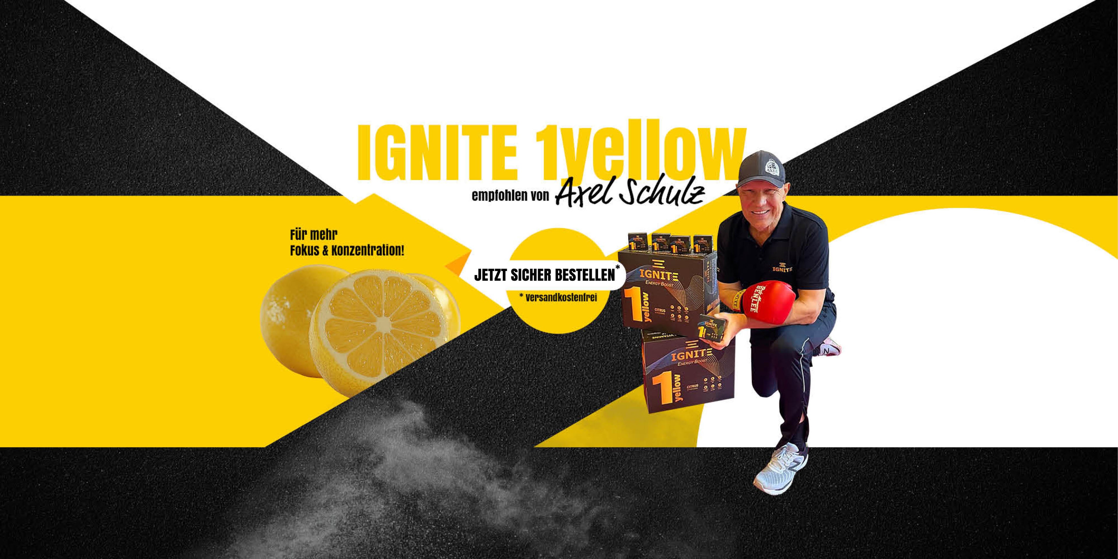 IGNITE 1 Yellow Energie-Stick mit Vitamin B6, Magnesium und Koffein zur Unterstützung von Energie und Konzentration. Nahrungsergänzungsmittel im gelben Design mit Call-to-Action ‚Jetzt sicher bestellen‘.